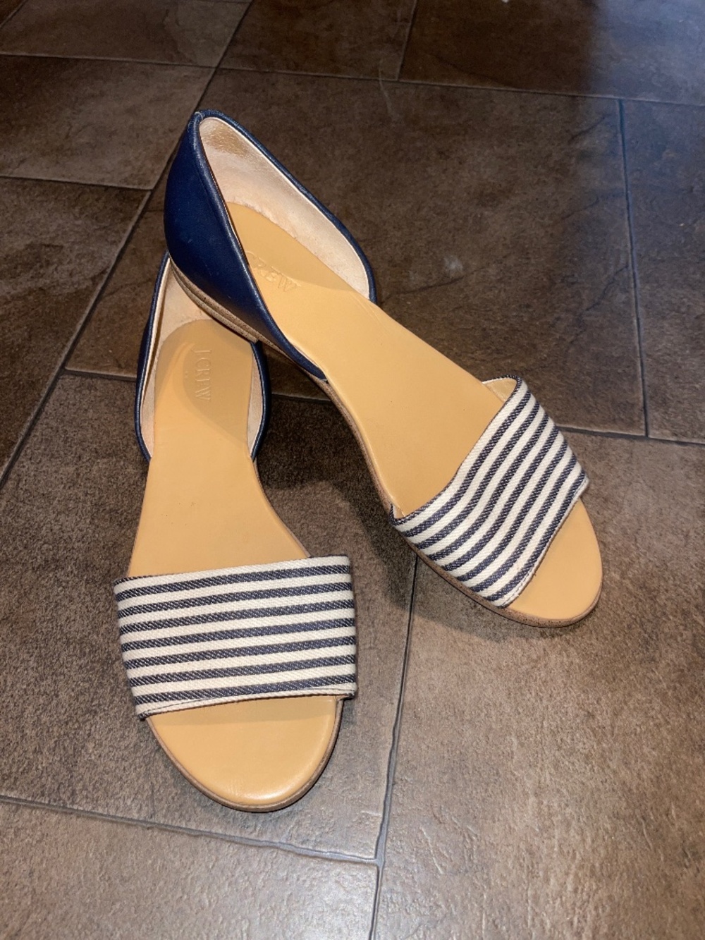 J. Crew Navy Blue and Cream Striped Open Toe Leather Flats / Sandals Size 9.5